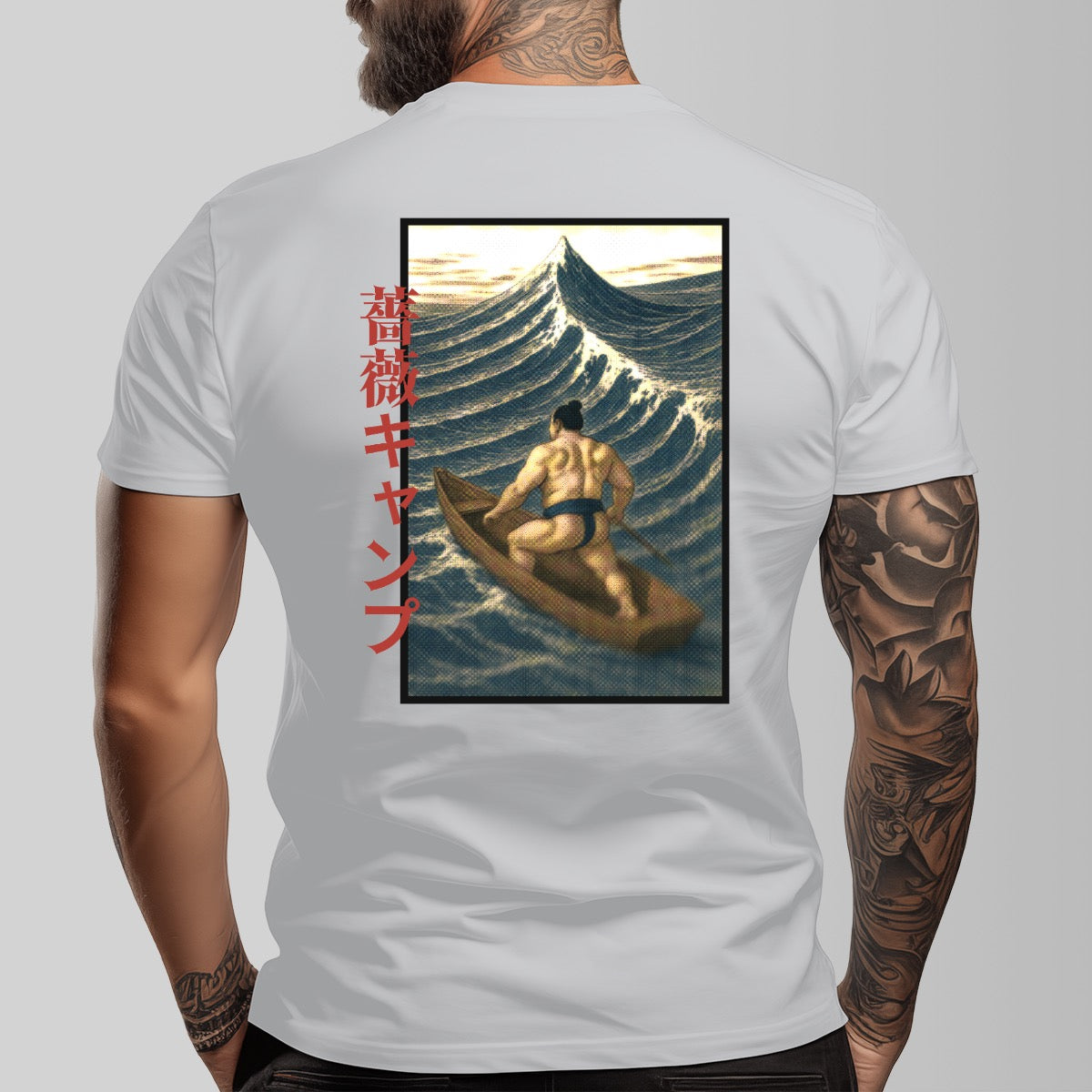 Bara Manga Inspired Sumo Boat Illustration Tee | Unique Japanese Graphic Shirt | Retro Ukiyo-e Style Surf Print