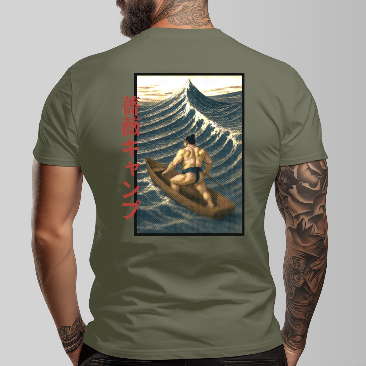Bara Manga Inspired Sumo Boat Illustration Tee | Unique Japanese Graphic Shirt | Retro Ukiyo-e Style Surf Print