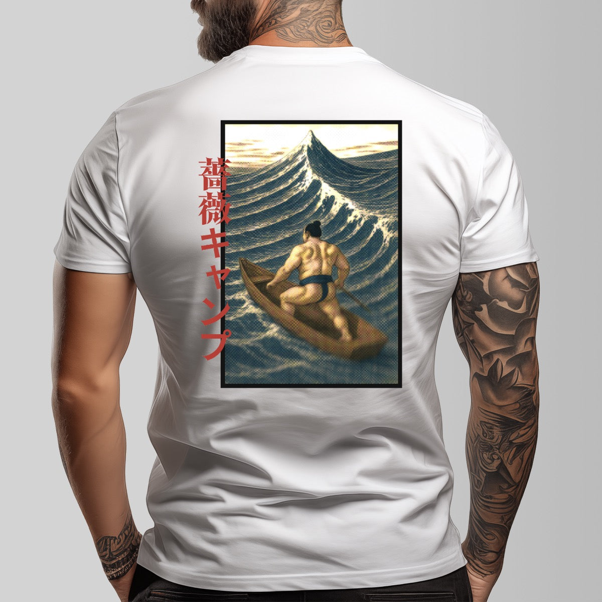 Bara Manga Inspired Sumo Boat Illustration Tee | Unique Japanese Graphic Shirt | Retro Ukiyo-e Style Surf Print