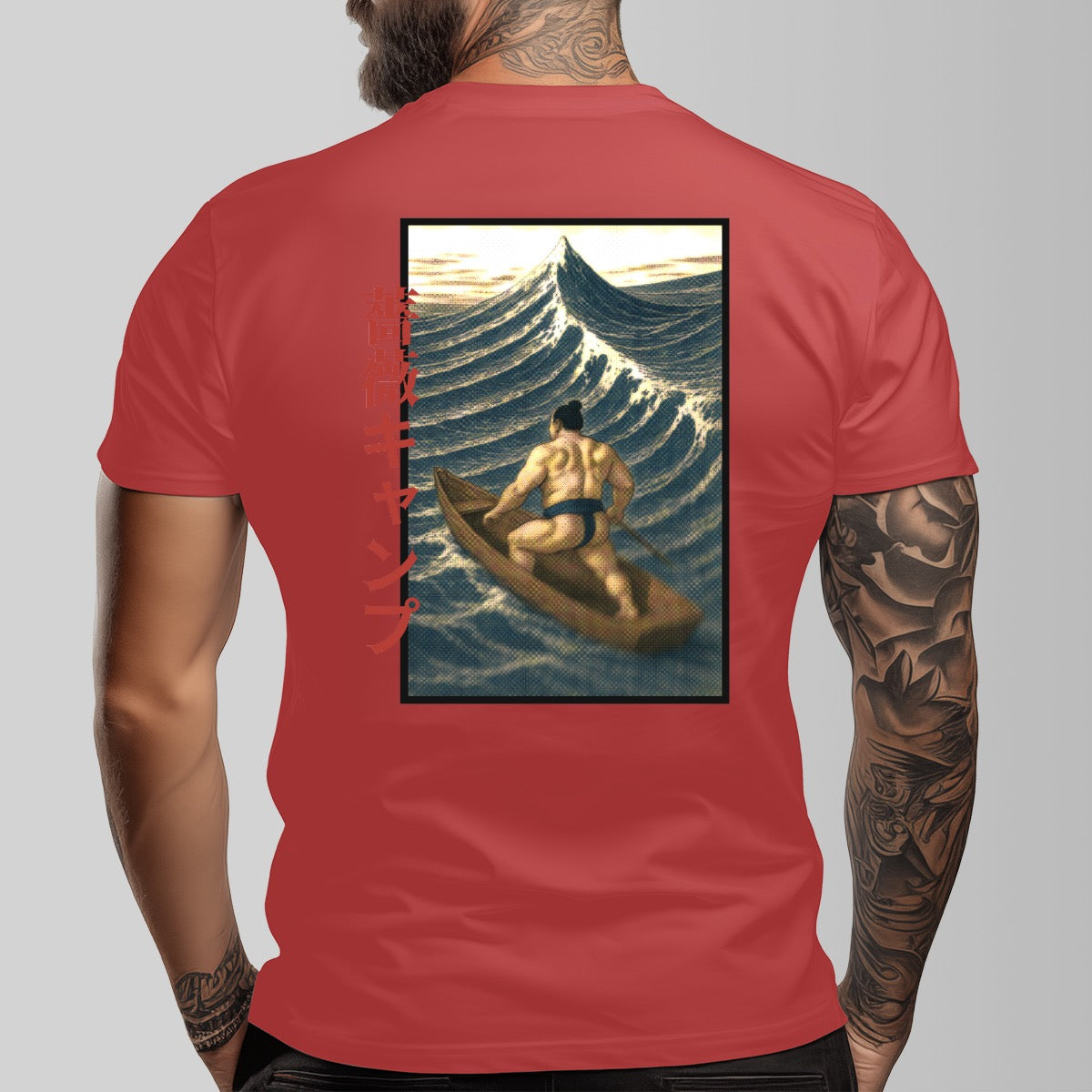 Bara Manga Inspired Sumo Boat Illustration Tee | Unique Japanese Graphic Shirt | Retro Ukiyo-e Style Surf Print