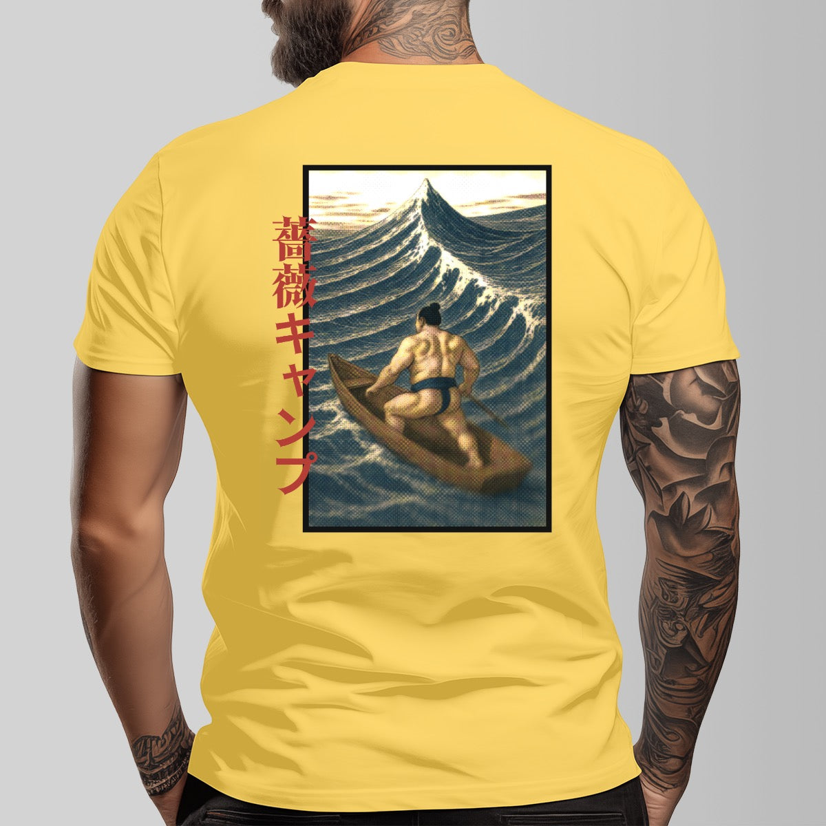 Bara Manga Inspired Sumo Boat Illustration Tee | Unique Japanese Graphic Shirt | Retro Ukiyo-e Style Surf Print