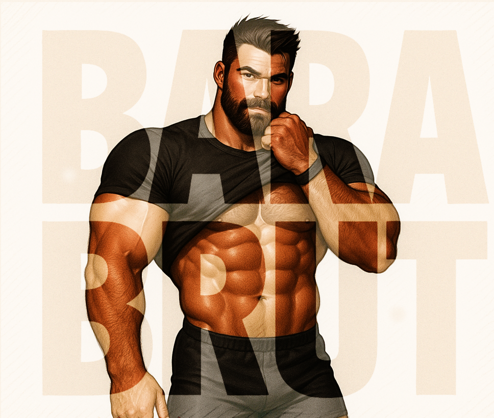Ryan in a black and gray athletic outfit with red accents, standing against a beige background.